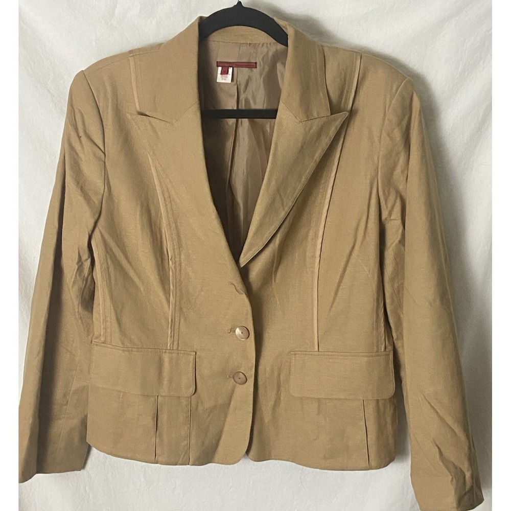 Tape Measure Anthropologie Womens Blazer Sz 14 Tan Linen‎ Career Quiet Luxury